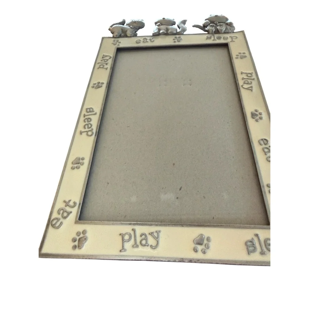 Vtg Pewter Style Cat Picture Frame‎ Eat Play Sleep Paw Prints Silver Cream 5x7